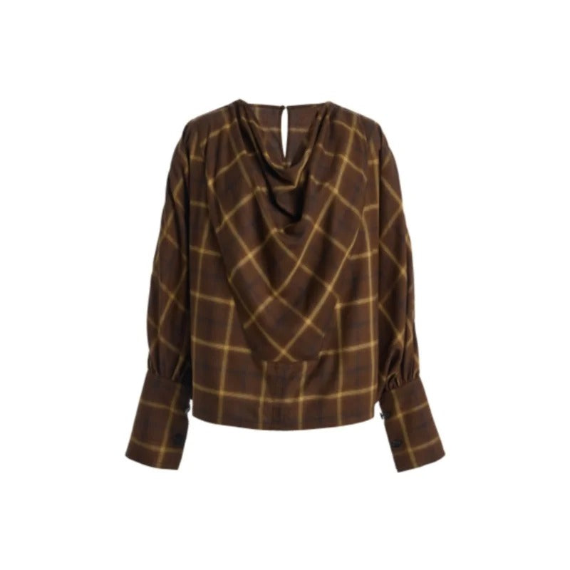 Chocolate Brown Plaid Draped-Neck Blouse