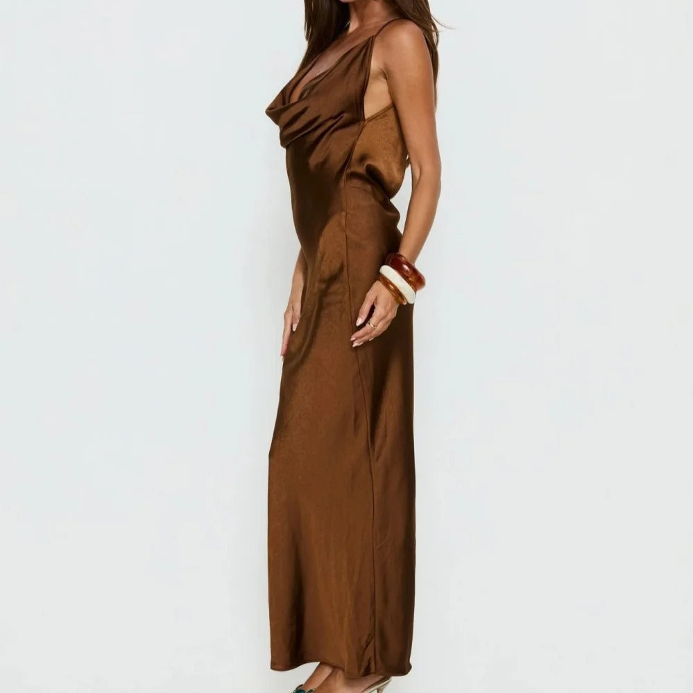 Chocolate Brown Cowl-Neck Open-Back Maxi Dress