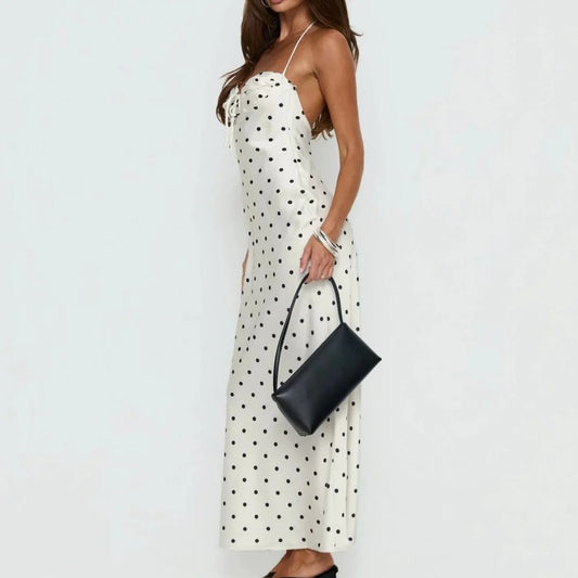 Ivory Polka Dot Tie-Front Halter Maxi Dress