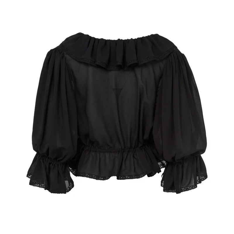 Black Ruffle-Trim Cropped Tie-Front Blouse