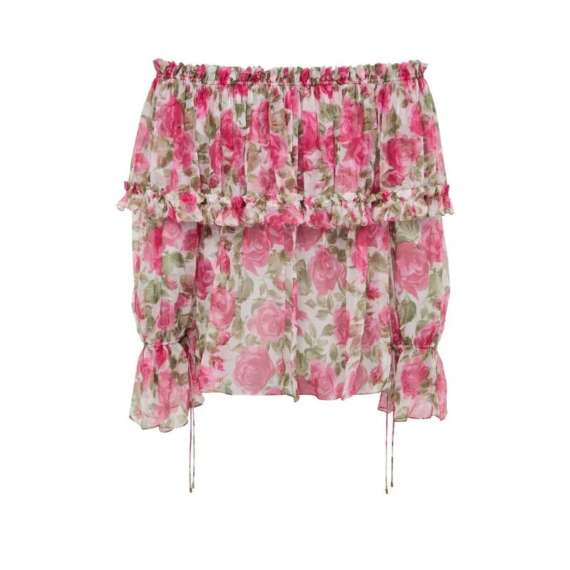 Pink Rose-Print Off-Shoulder Ruffle Blouse