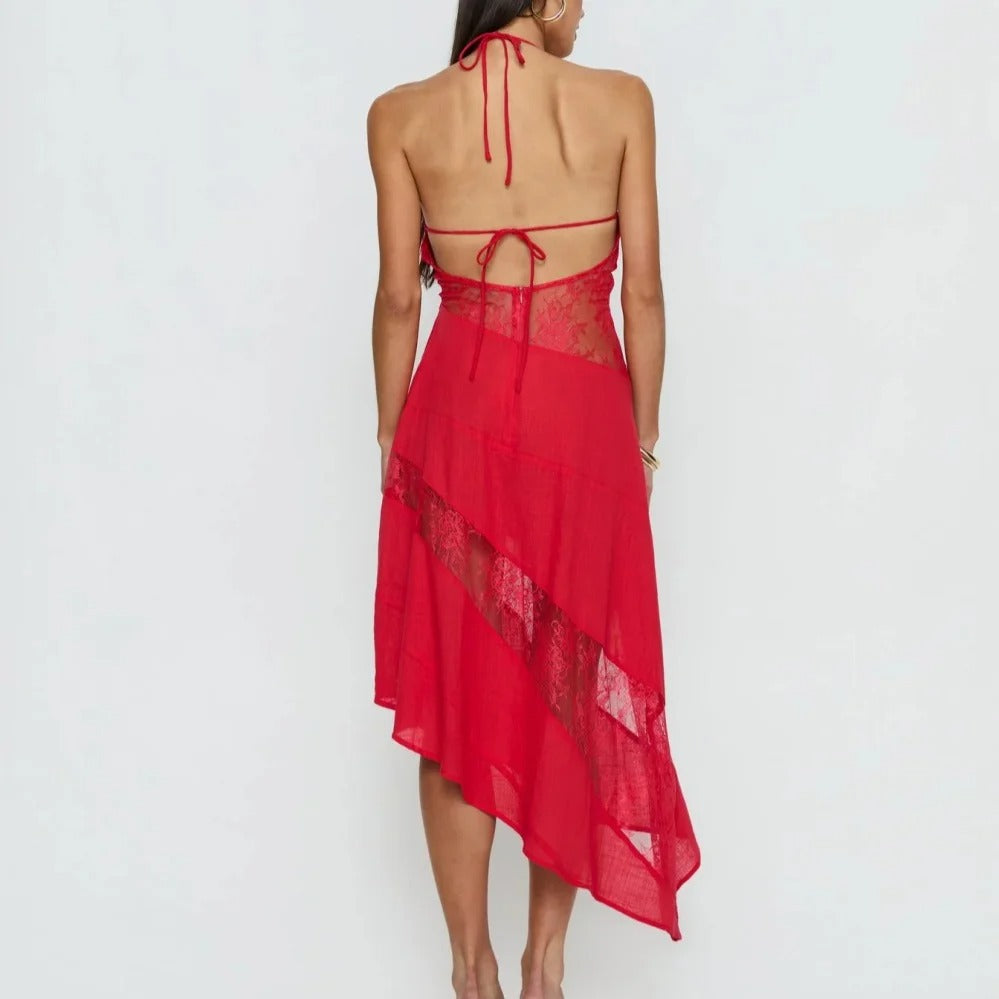 Red Lace-Inset Halter Asymmetric Midi Dress