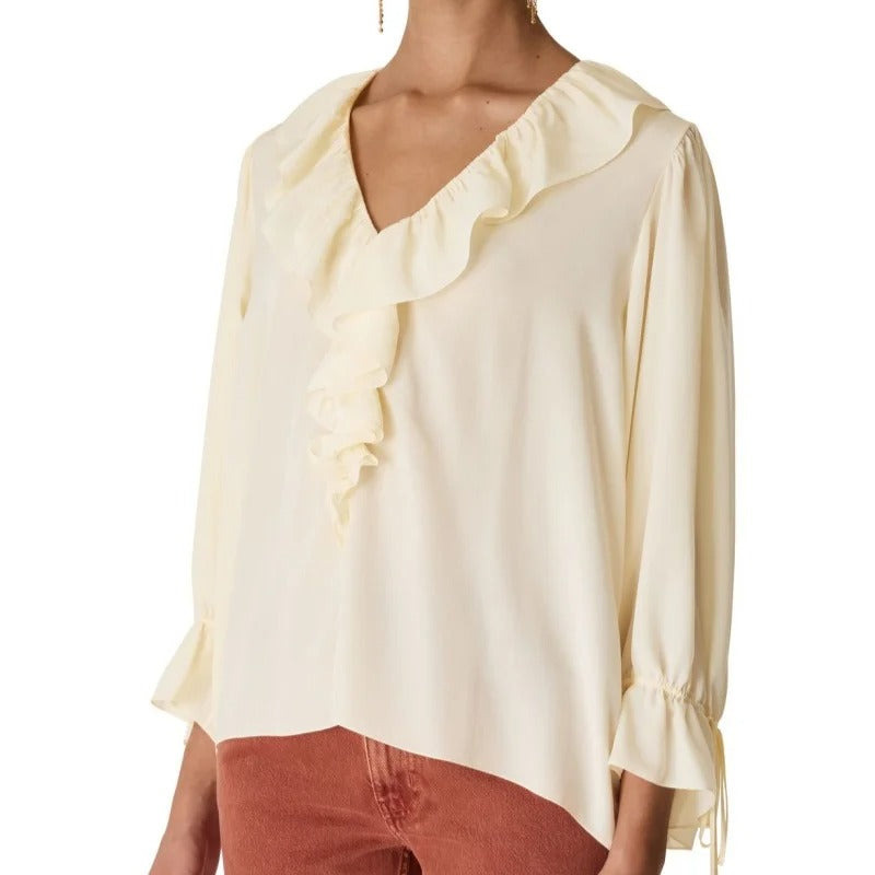 Cream Ruffle-Neck Blouse with Tie Cuffs