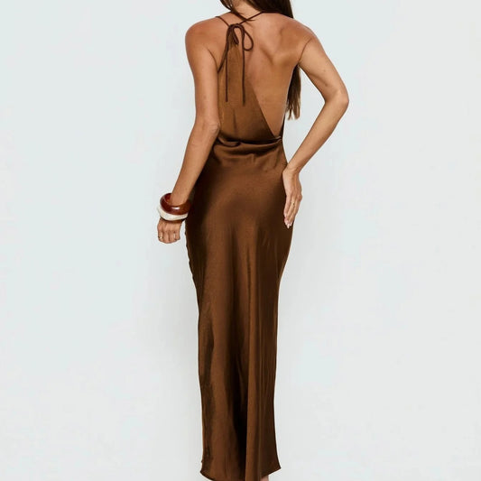 Chocolate Brown Cowl-Neck Open-Back Maxi Dress