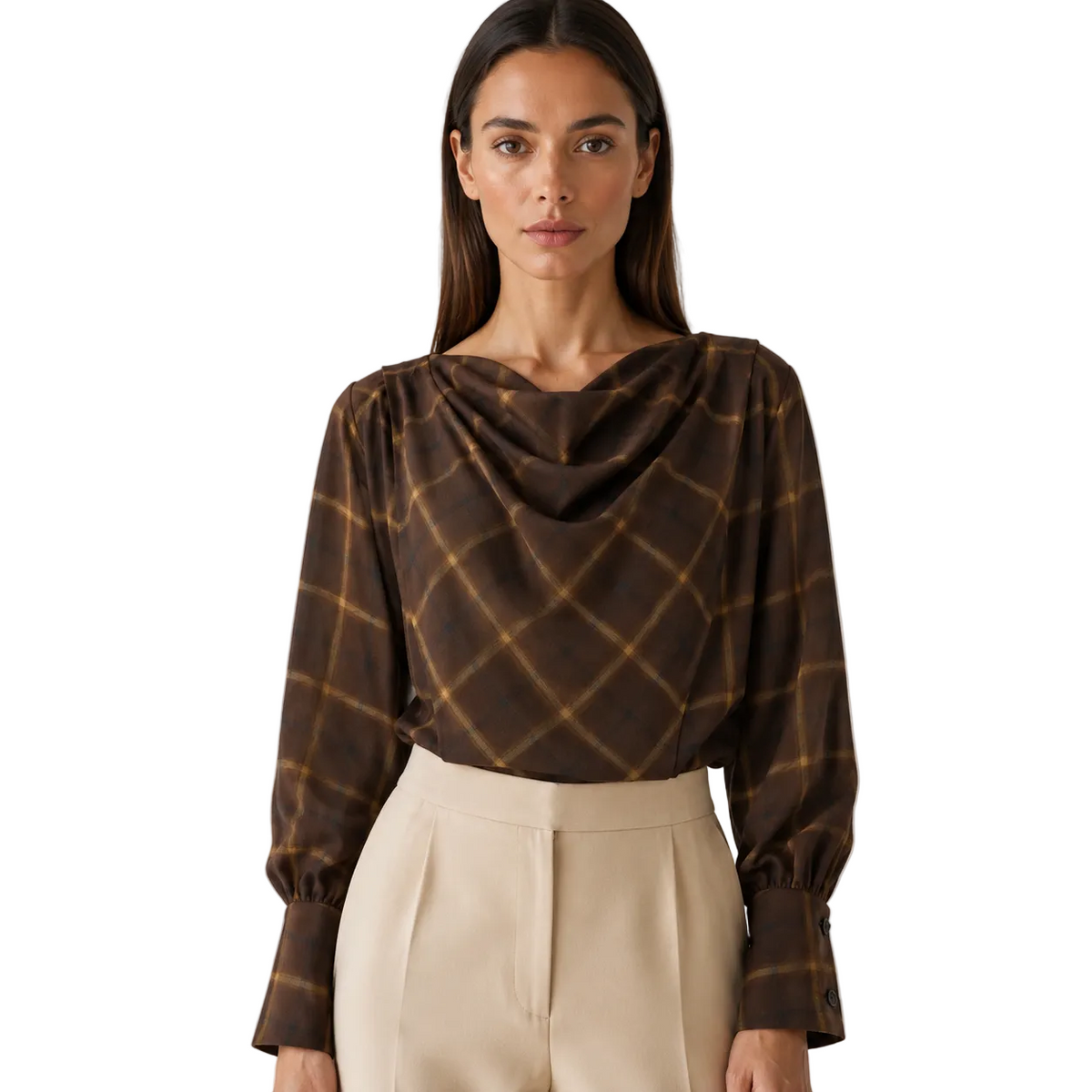 Chocolate Brown Plaid Draped-Neck Blouse