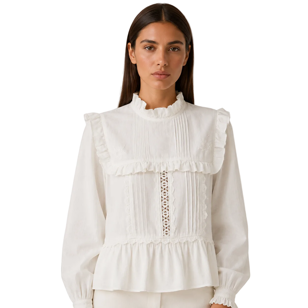 Ivory Ruffle-Yoke Blouse with Pintuck Detail