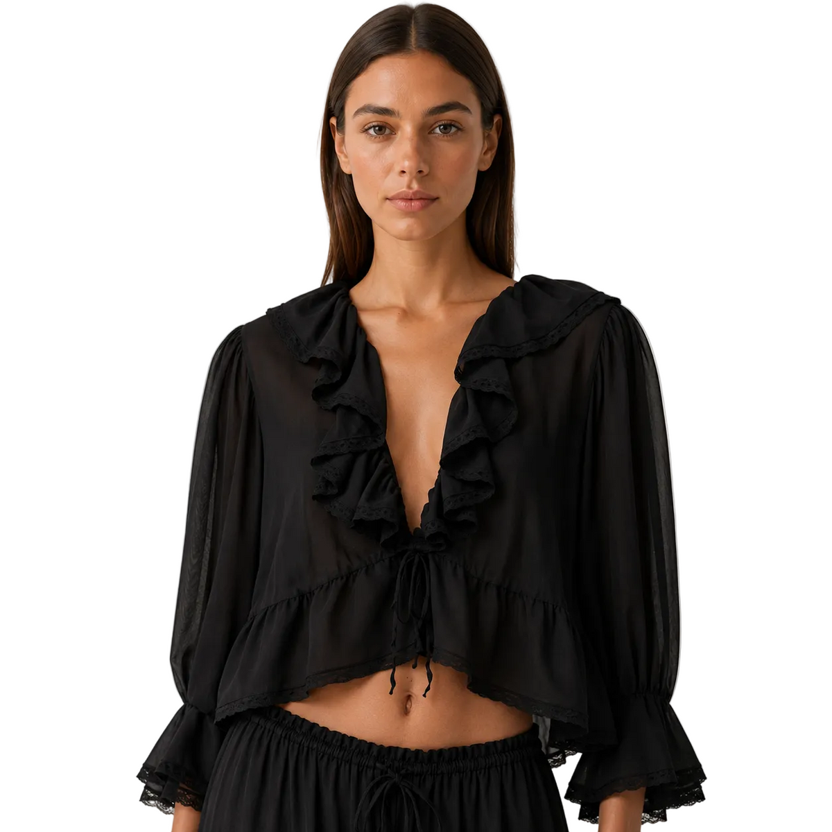 Black Ruffle-Trim Cropped Tie-Front Blouse