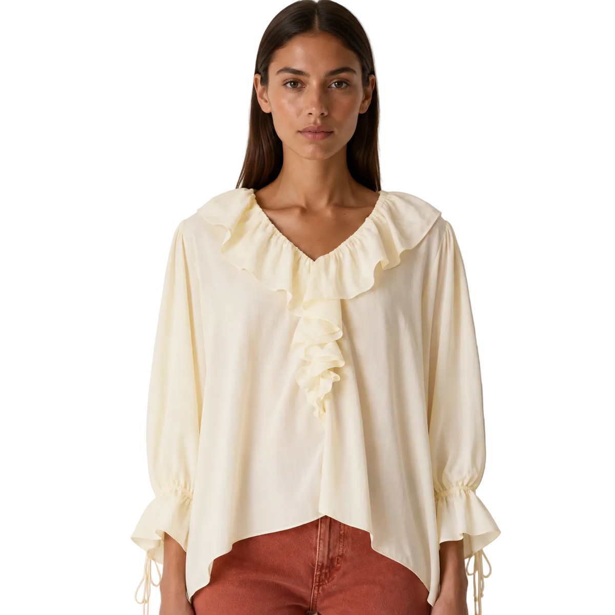 Cream Ruffle-Neck Blouse with Tie Cuffs