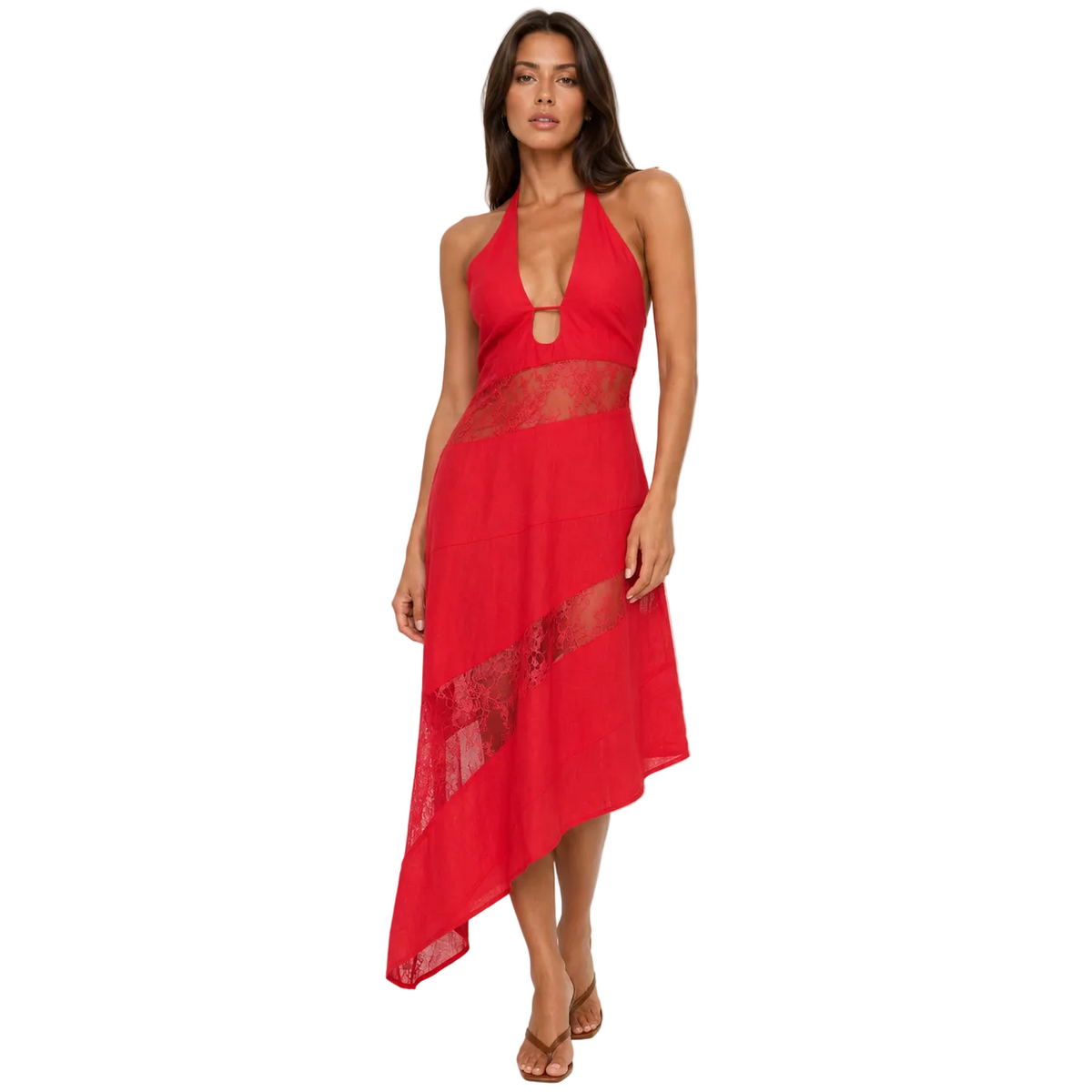 Red Lace-Inset Halter Asymmetric Midi Dress
