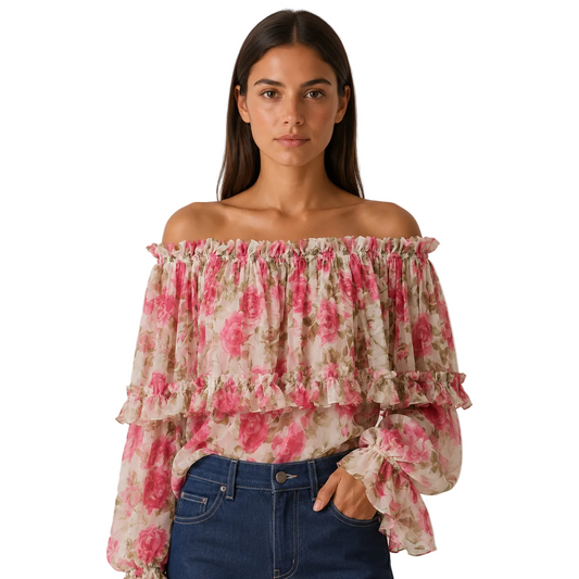 Pink Rose-Print Off-Shoulder Ruffle Blouse