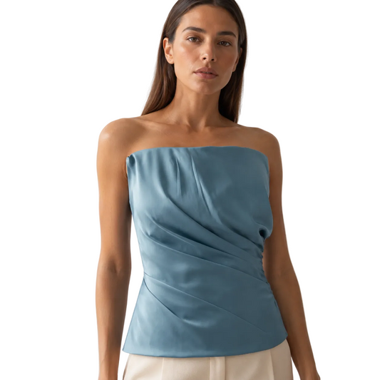 Dusty Blue Strapless Ruched Satin Top