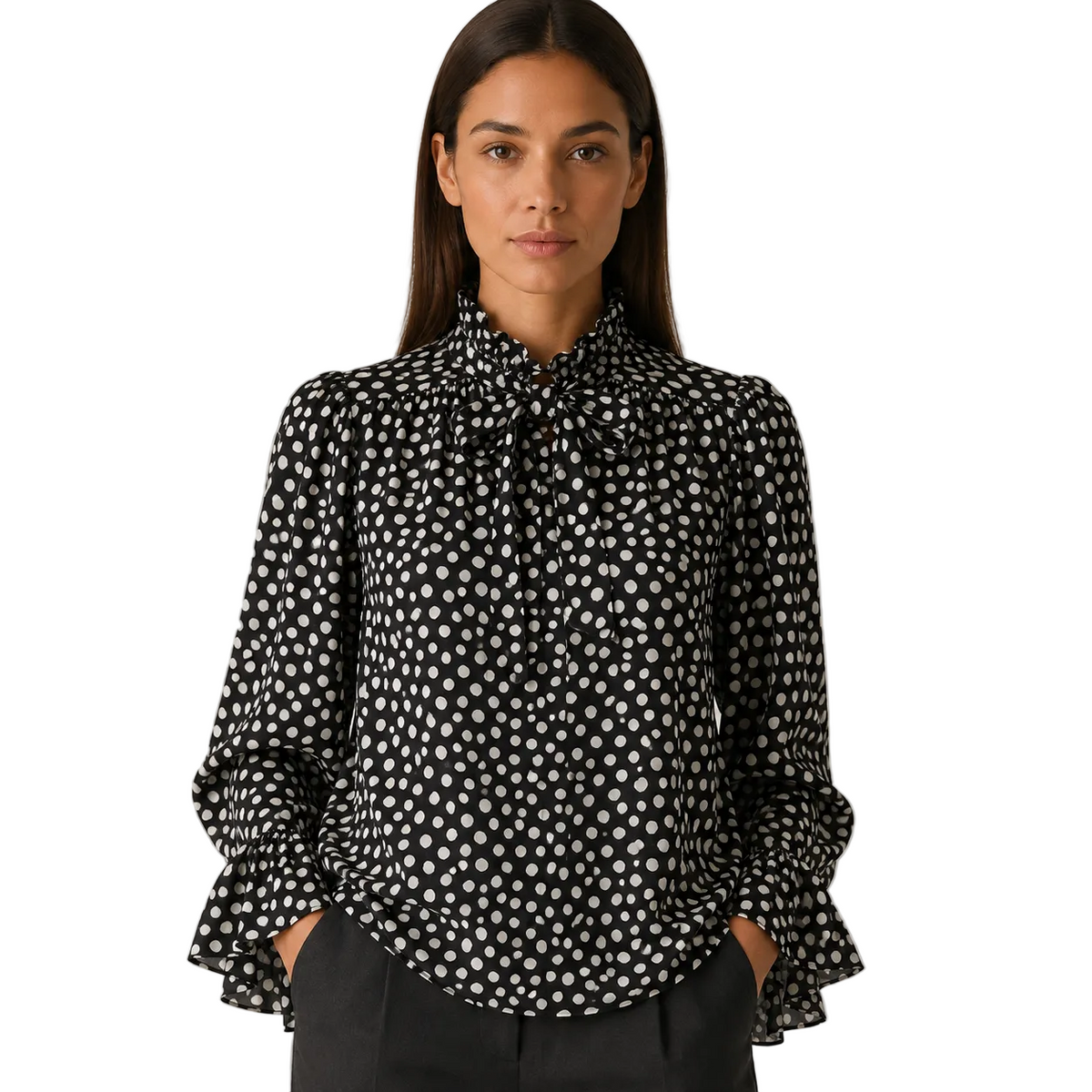 Black Spotted Tie-Neck Ruffle Blouse