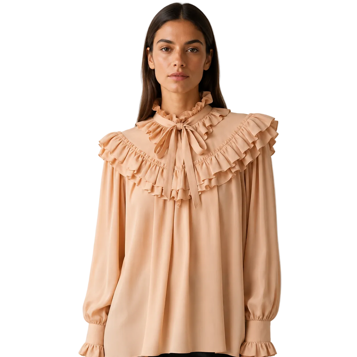 Blush Peach Tiered-Ruffle High-Neck Blouse