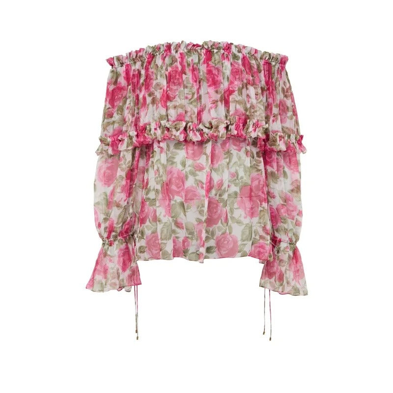 Pink Rose-Print Off-Shoulder Ruffle Blouse