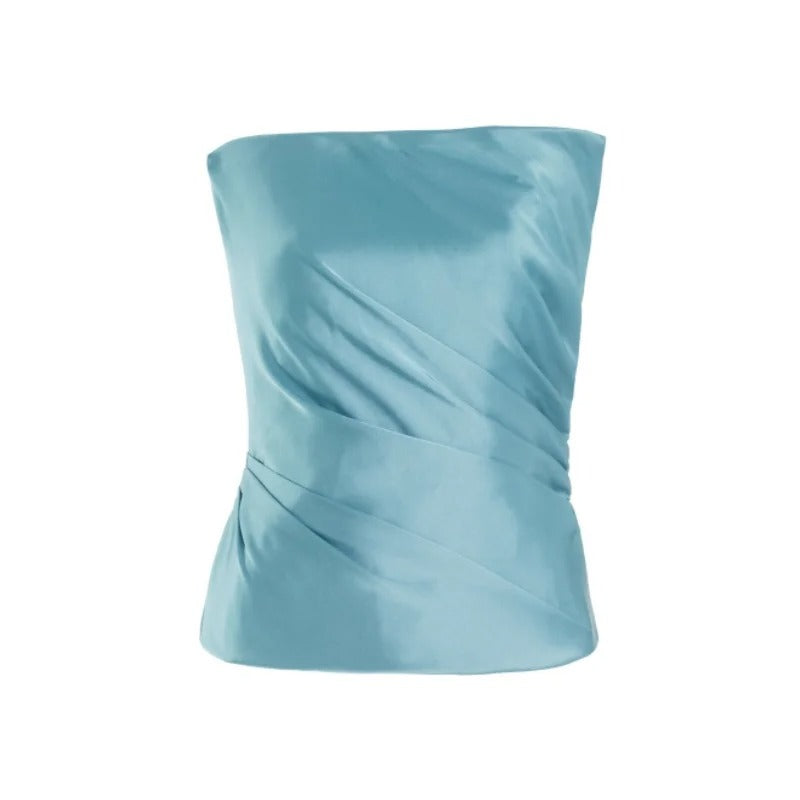 Dusty Blue Strapless Ruched Satin Top