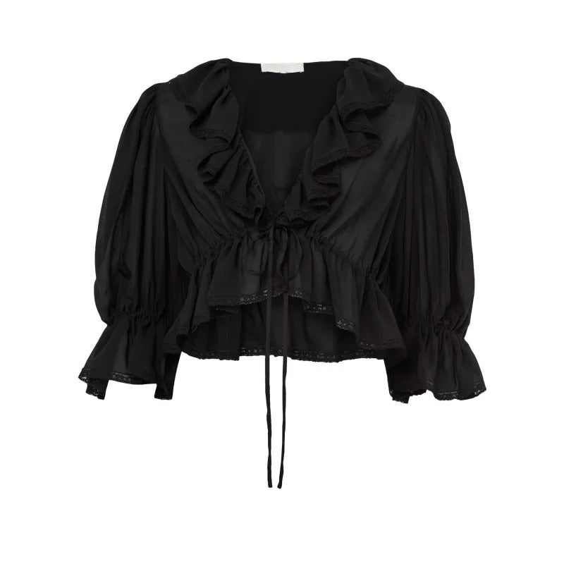 Black Ruffle-Trim Cropped Tie-Front Blouse