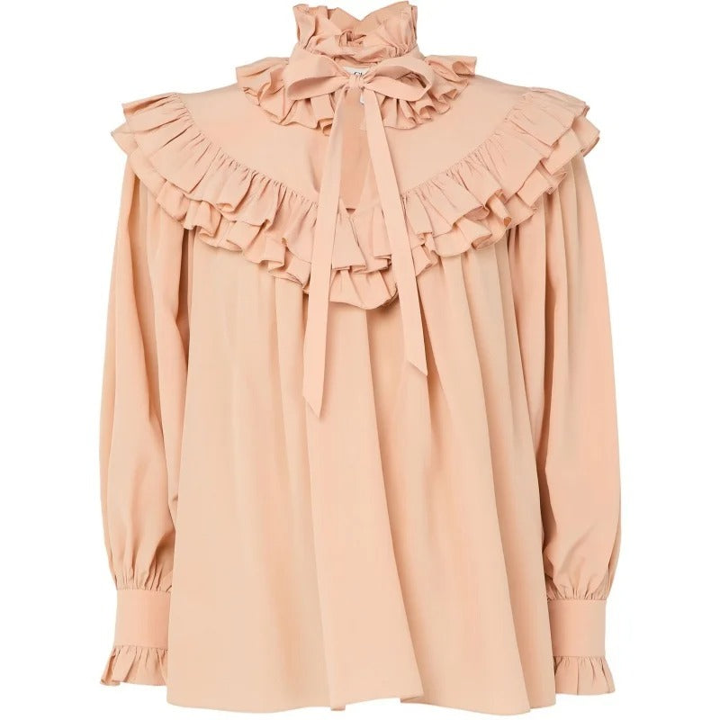 Blush Peach Tiered-Ruffle High-Neck Blouse