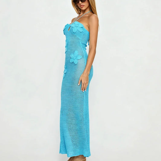 Turquoise Crochet Floral Halter Maxi Dress