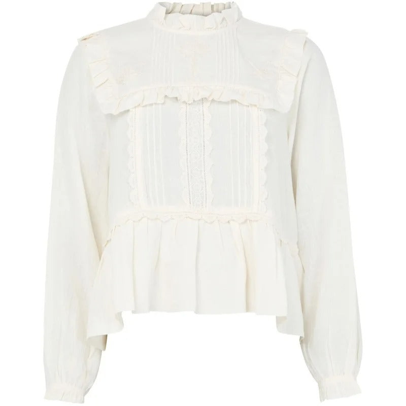 Ivory Ruffle-Yoke Blouse with Pintuck Detail