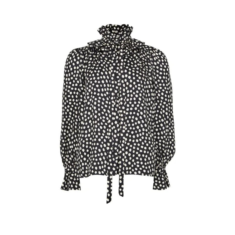 Black Spotted Tie-Neck Ruffle Blouse