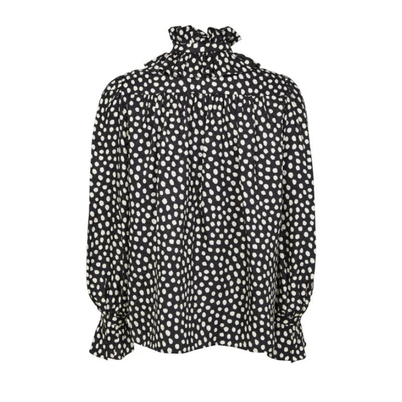 Black Spotted Tie-Neck Ruffle Blouse