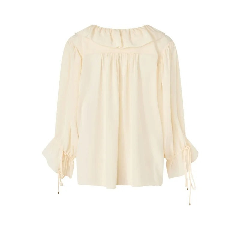 Cream Ruffle-Neck Blouse with Tie Cuffs