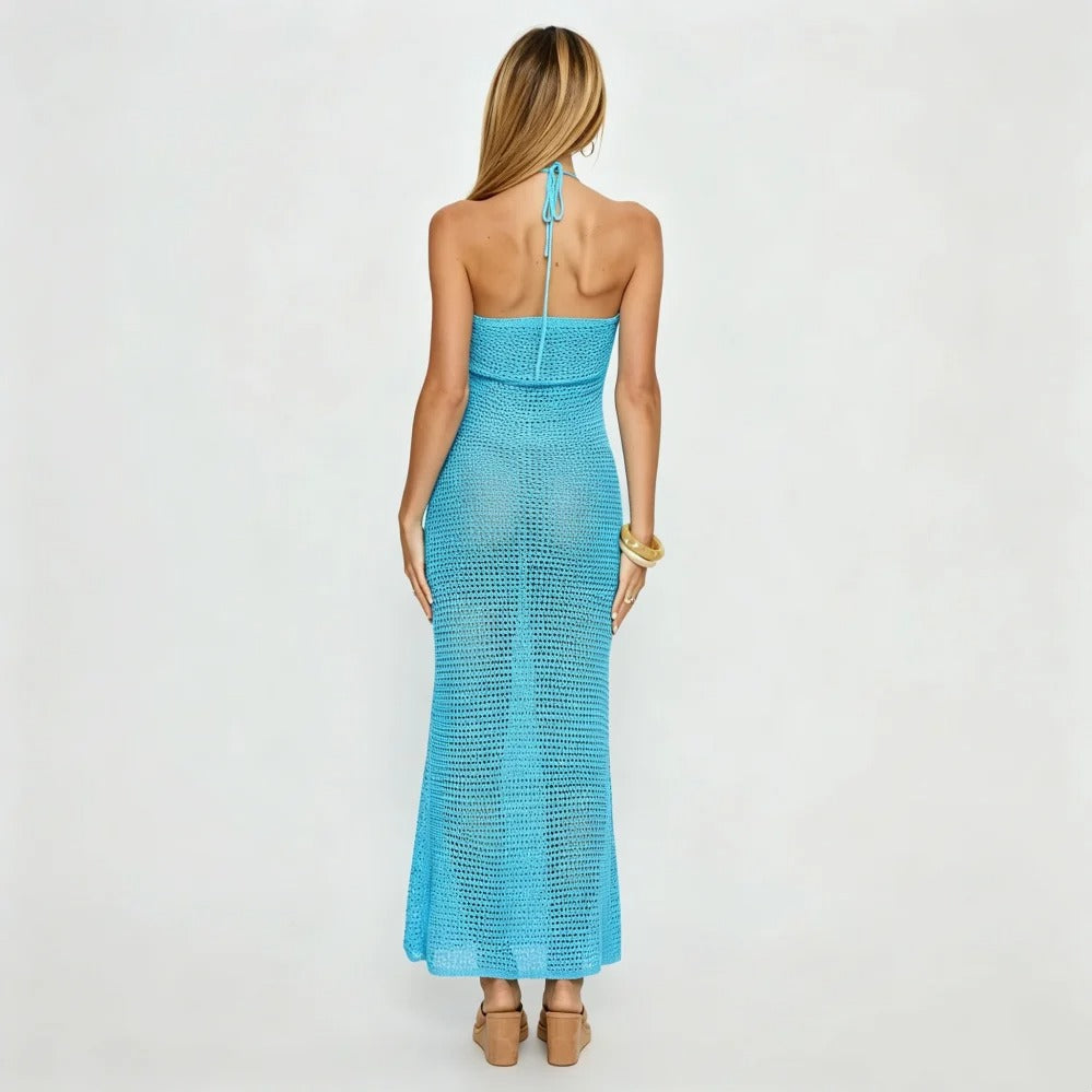 Turquoise Crochet Floral Halter Maxi Dress