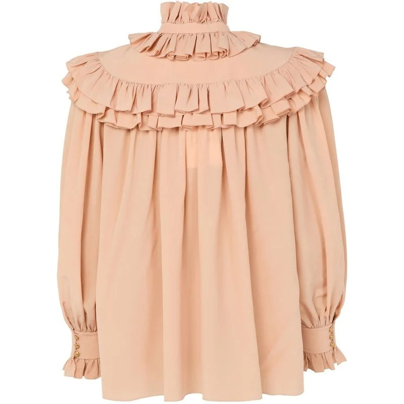 Blush Peach Tiered-Ruffle High-Neck Blouse