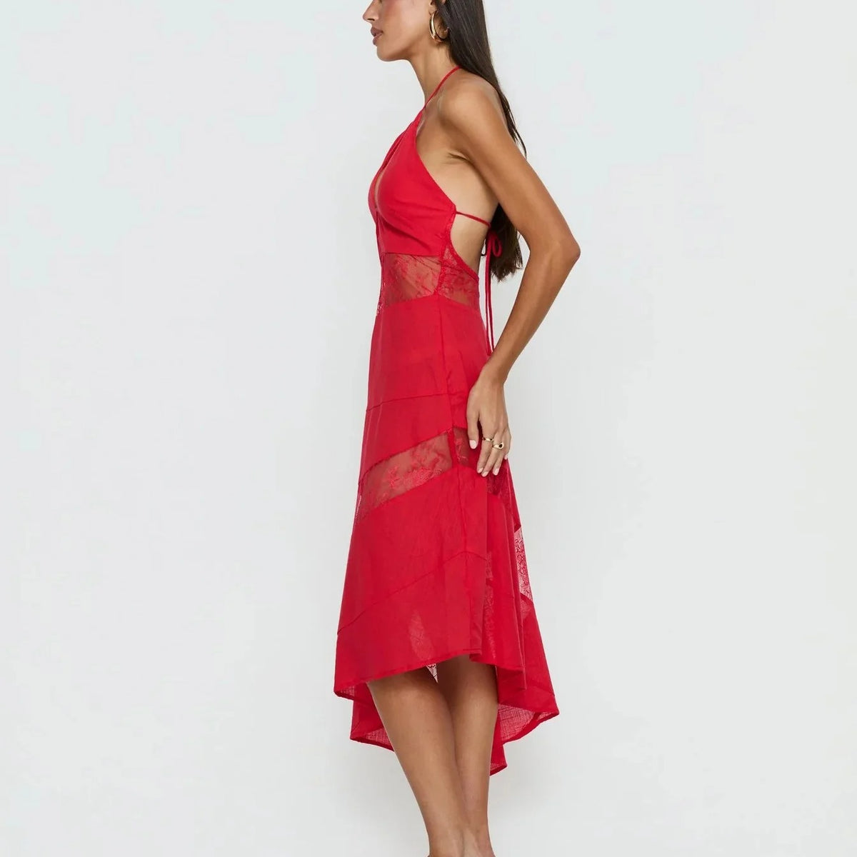 Red Lace-Inset Halter Asymmetric Midi Dress