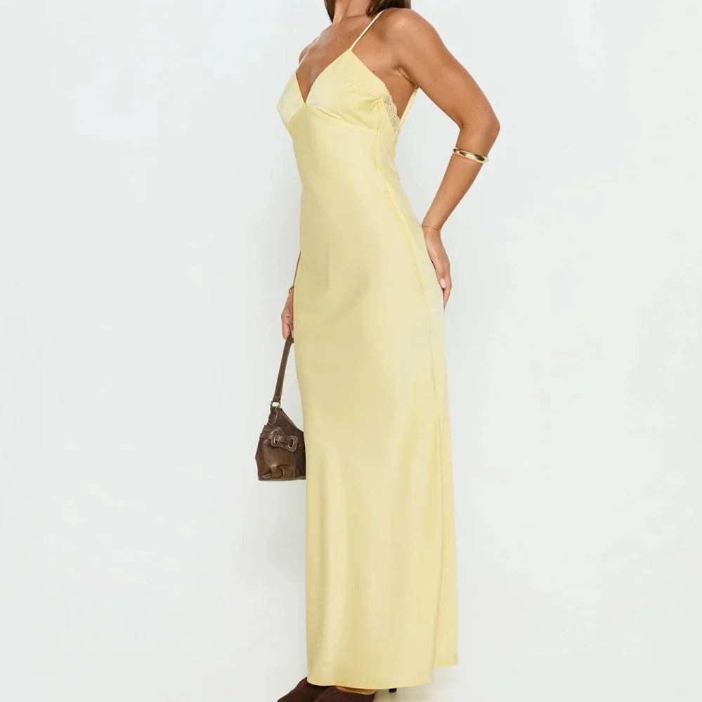Butter Yellow Lace-Trim Slip Maxi Dress
