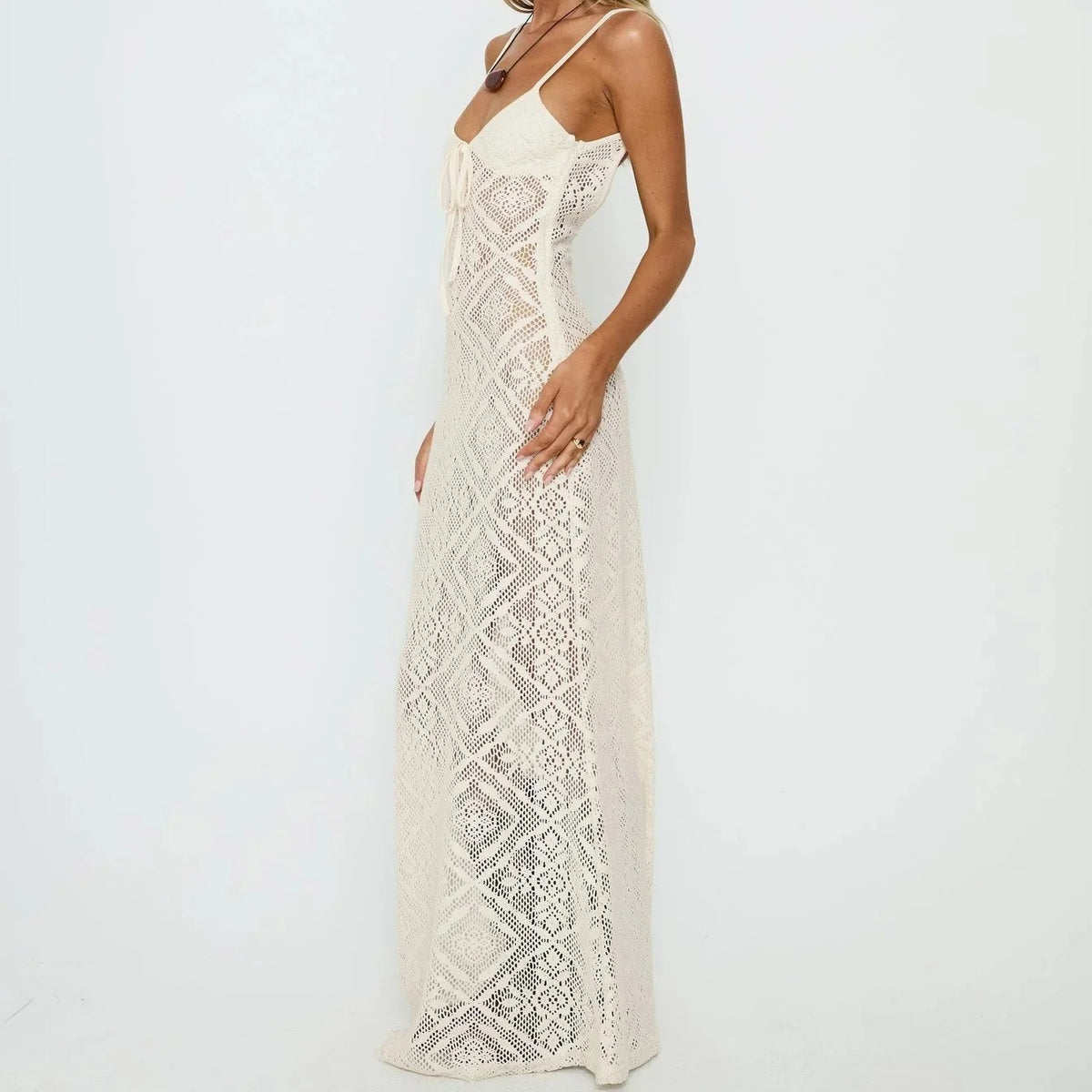Ivory Crochet Tie-Front Maxi Dress