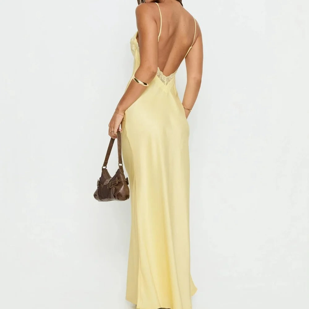 Butter Yellow Lace-Trim Slip Maxi Dress