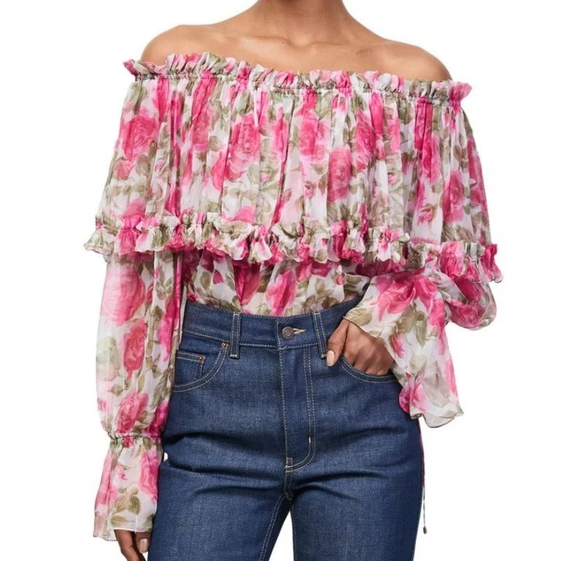 Pink Rose-Print Off-Shoulder Ruffle Blouse