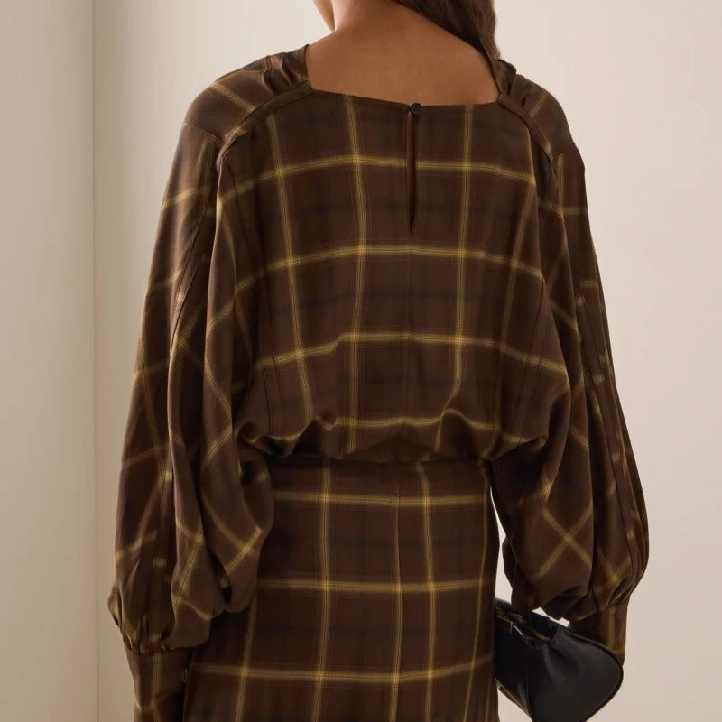 Chocolate Brown Plaid Draped-Neck Blouse