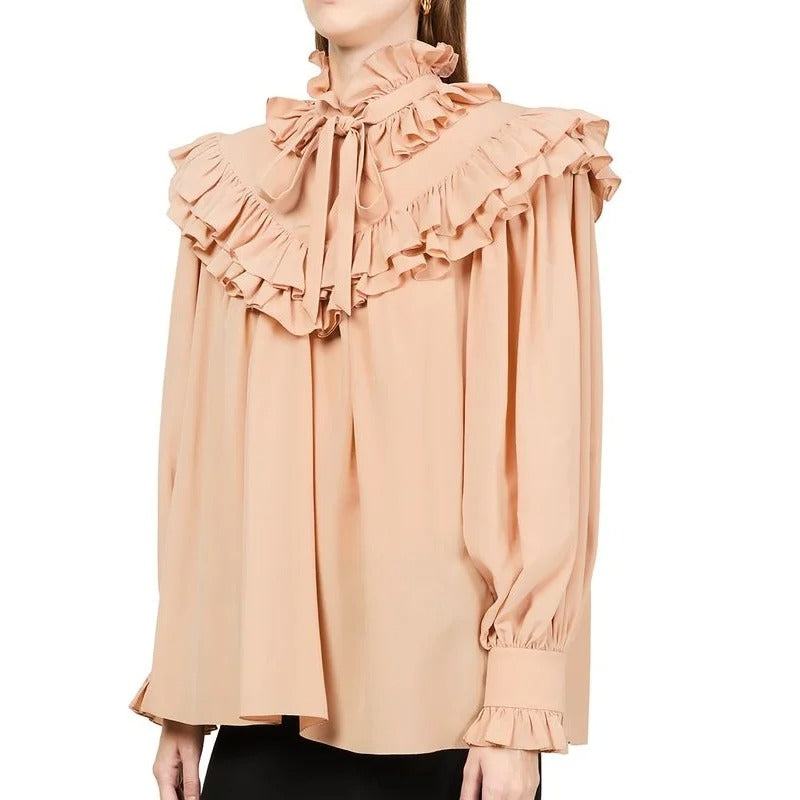 Blush Peach Tiered-Ruffle High-Neck Blouse