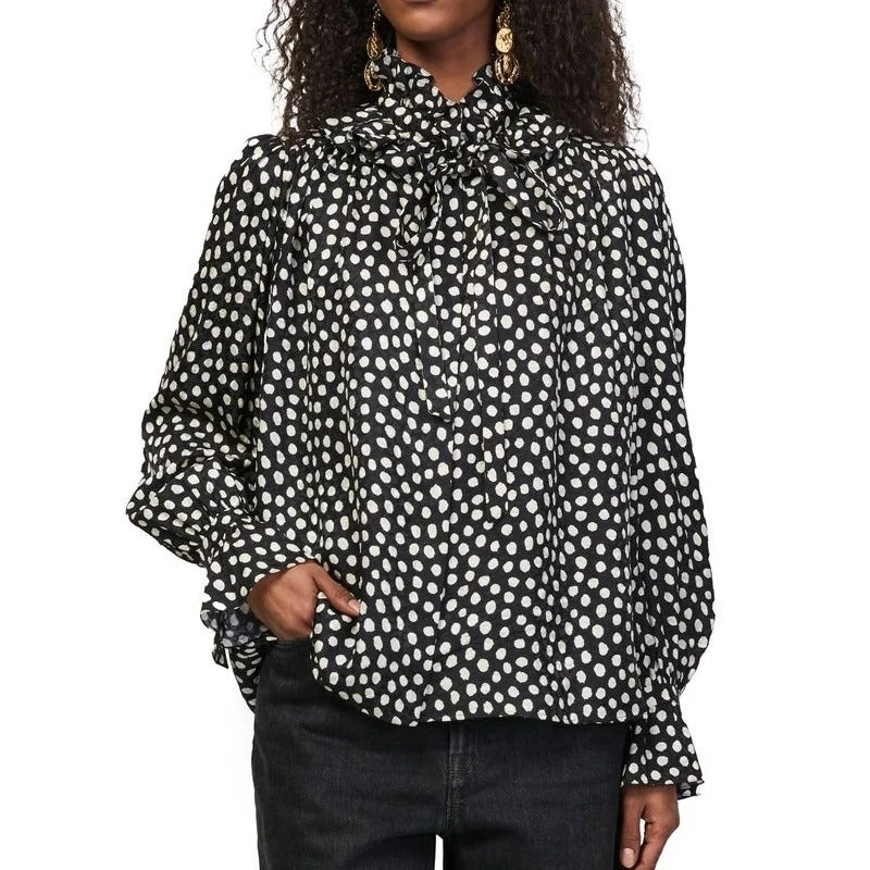 Black Spotted Tie-Neck Ruffle Blouse