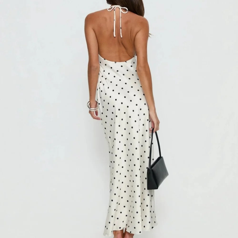 Ivory Polka Dot Tie-Front Halter Maxi Dress