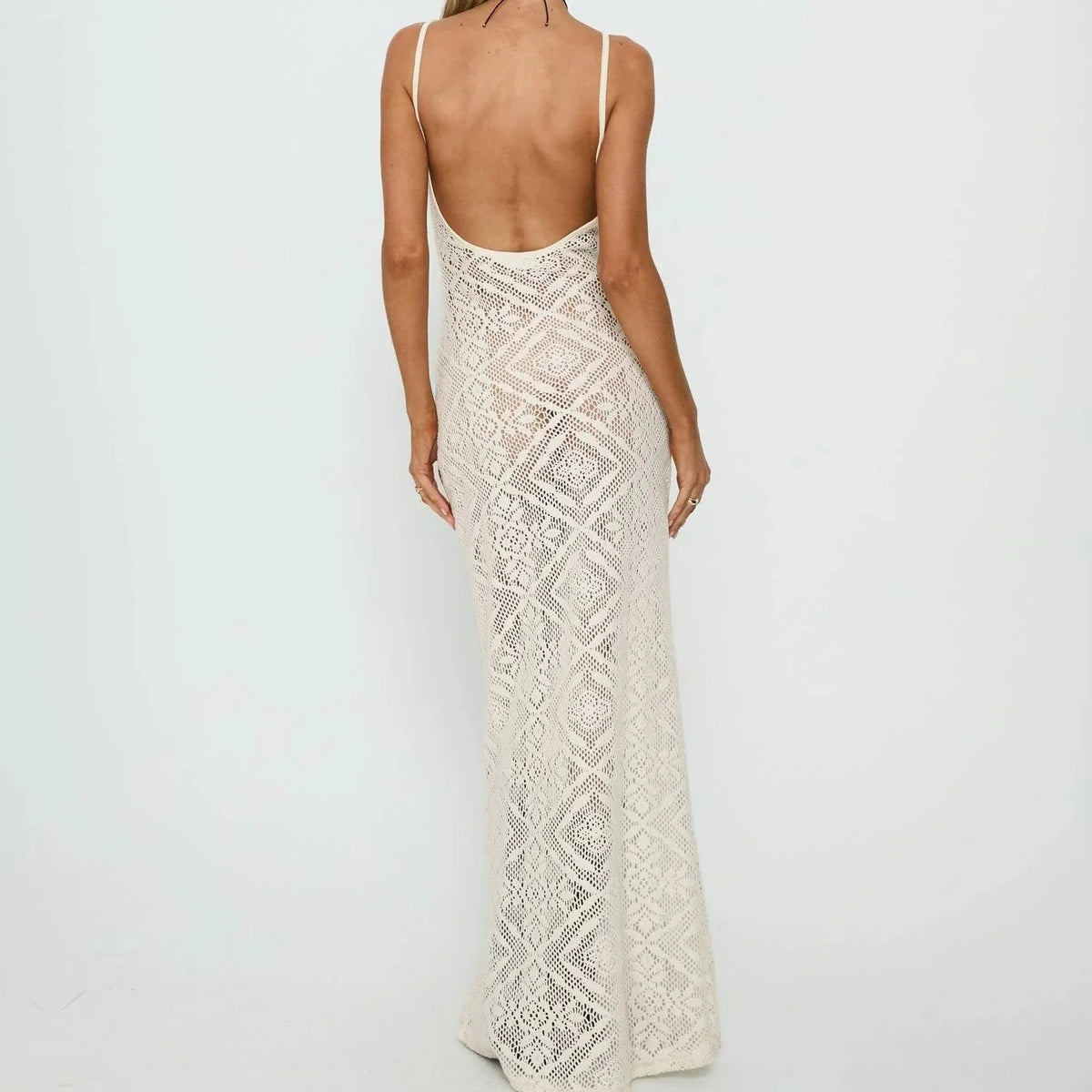 Ivory Crochet Tie-Front Maxi Dress