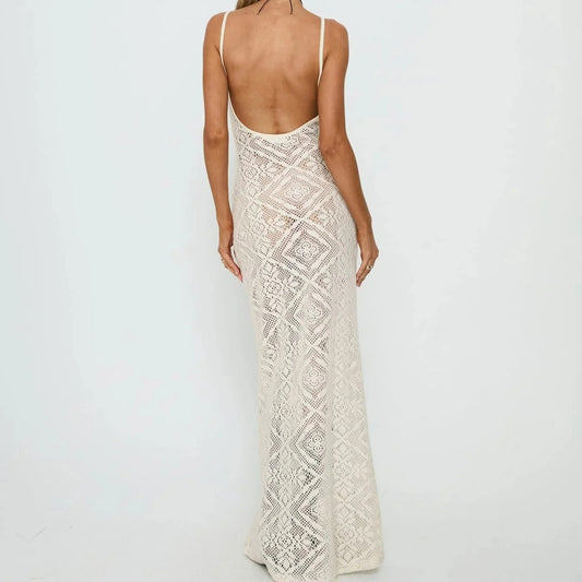 Ivory Crochet Tie-Front Maxi Dress